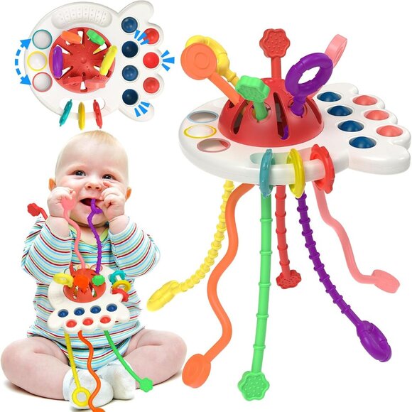 NEW Baby Teething Toys for 6-12 Months, Sensory Montessori Silicone Pull String - Picture 1 of 6